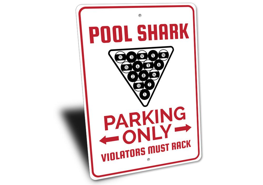 A vibrant Pool Shark Parking Sign made of durable aluminum, featuring a playful shark design, perfect for reserving parking spots.