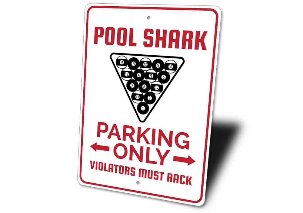 A vibrant Pool Shark Parking Sign made of durable aluminum, featuring a playful shark design, perfect for reserving parking spots.