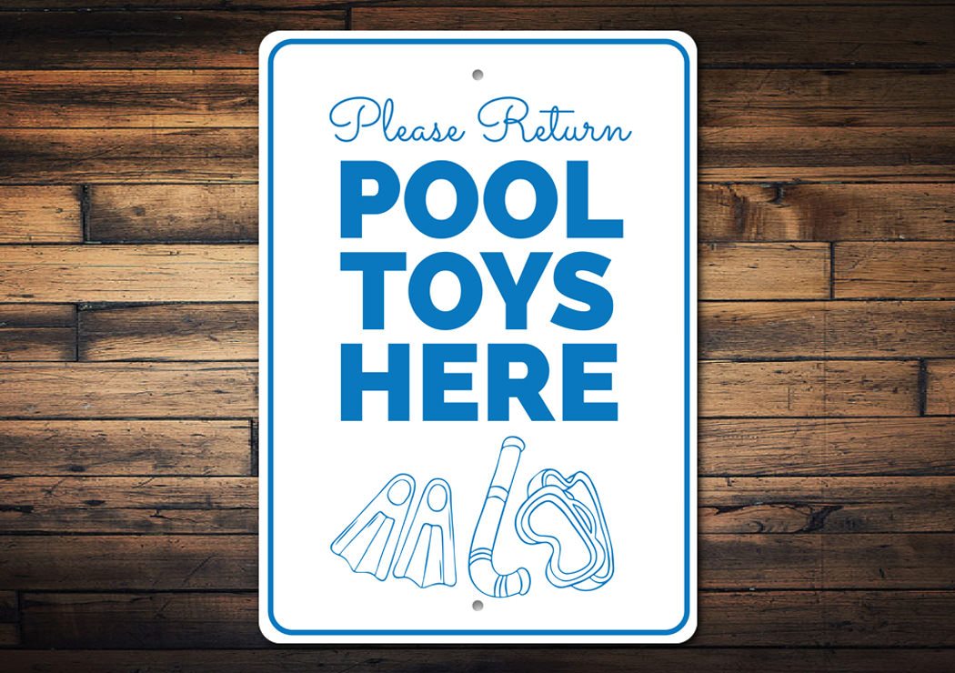 Customizable Pool Toys Sign made of durable aluminum, featuring vibrant colors and pre-drilled holes for easy mounting.