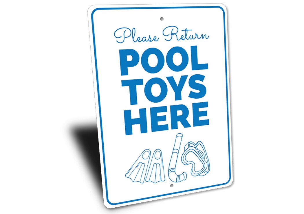 Customizable Pool Toys Sign made of durable aluminum, featuring vibrant colors and pre-drilled holes for easy mounting.