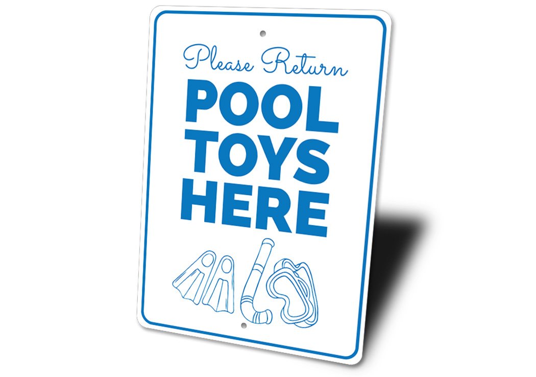 Customizable Pool Toys Sign made of durable aluminum, featuring vibrant colors and pre-drilled holes for easy mounting.