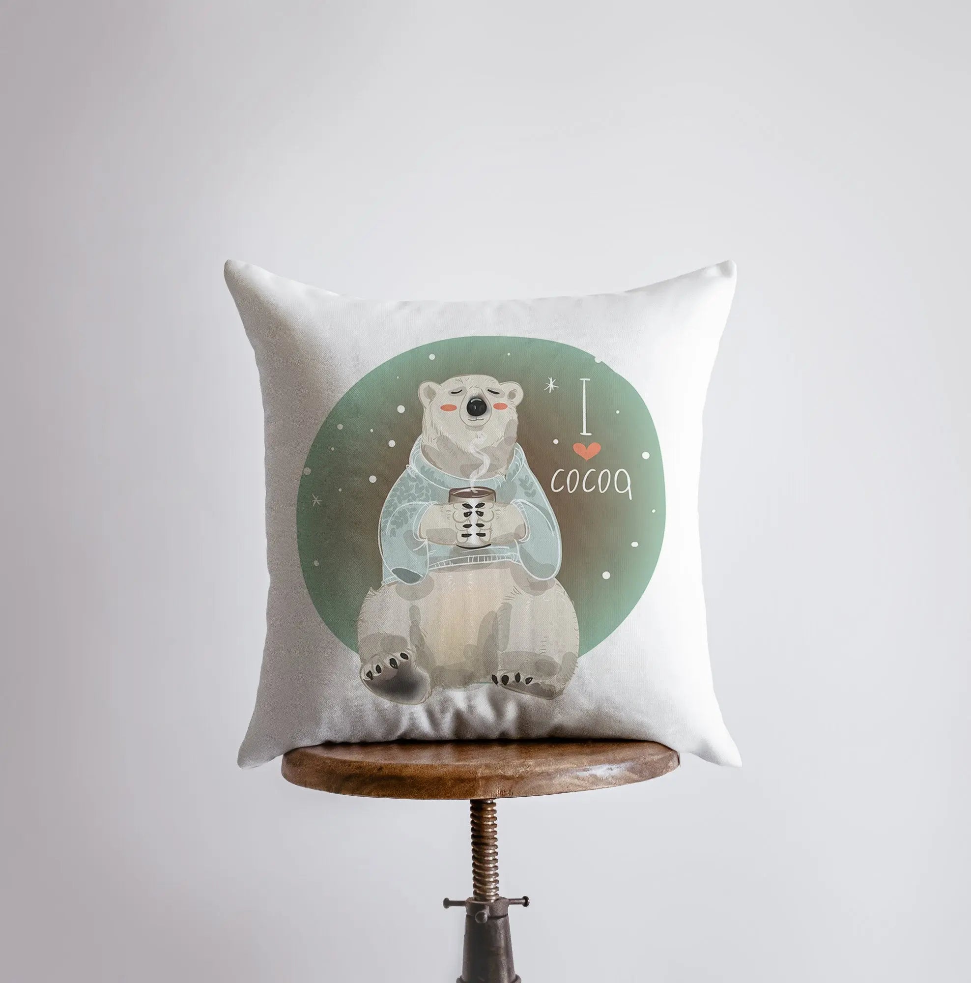 Cozy Polar Bear Throw Pillow Cover featuring a polar bear with a cocoa mug, double-sided print with blue stars on white background.