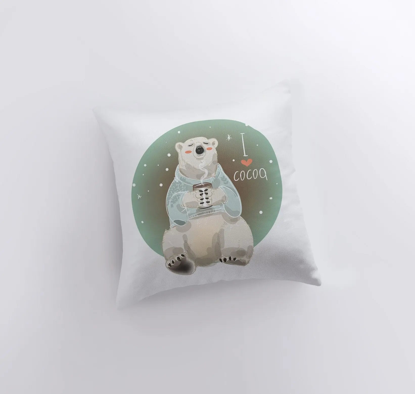 Cozy Polar Bear Throw Pillow Cover featuring a polar bear with a cocoa mug, double-sided print with blue stars on white background.