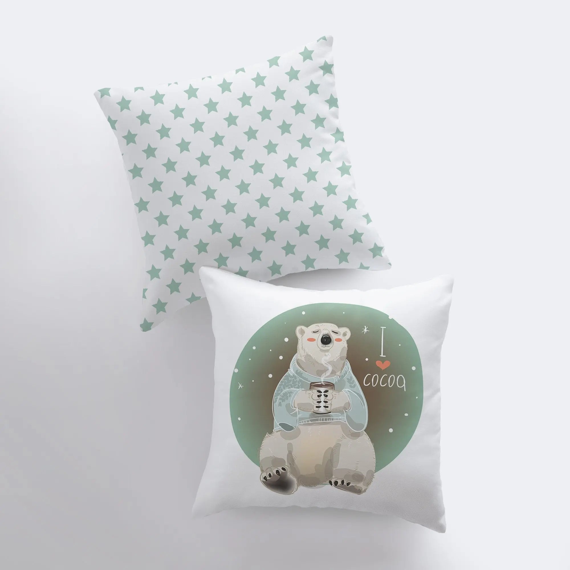 Cozy Polar Bear Throw Pillow Cover featuring a polar bear with a cocoa mug, double-sided print with blue stars on white background.