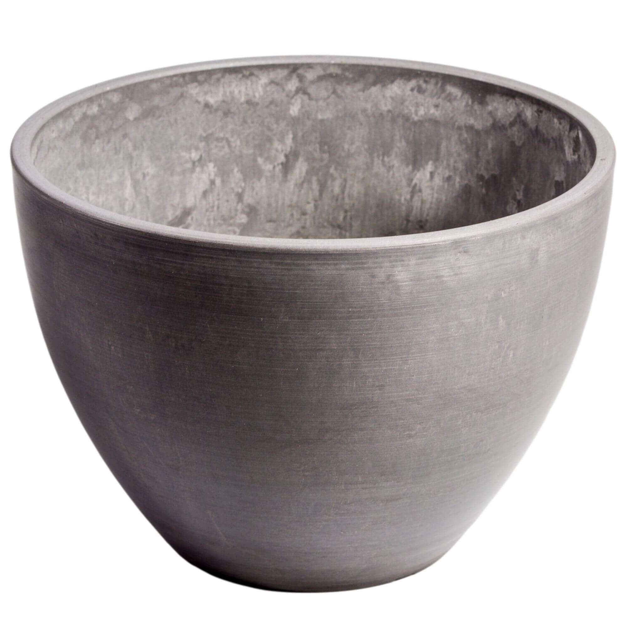 Polished Grey Planter Bowl 30cm made from recycled materials, featuring a smooth antique grey finish, ideal for indoor and outdoor plants.