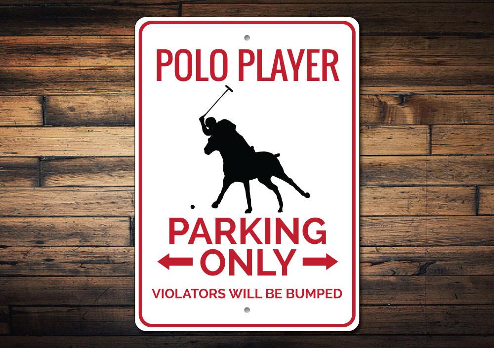 A stylish Polo Player Parking Sign made from durable aluminum, featuring a polo player graphic, designed for easy mounting.