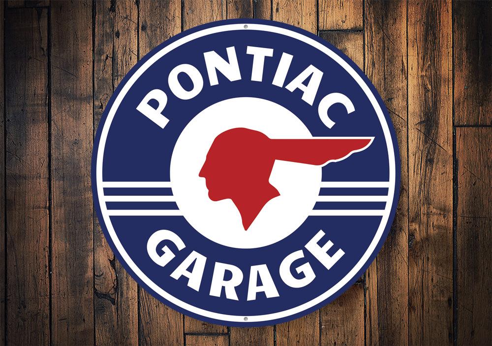 A vibrant Pontiac Garage Car Sign made of aluminum, featuring the Pontiac logo and customizable text, perfect for garages and man caves.