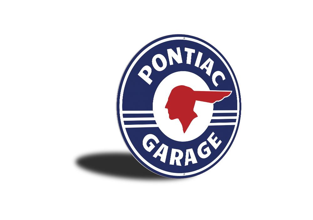 A vibrant Pontiac Garage Car Sign made of aluminum, featuring the Pontiac logo and customizable text, perfect for garages and man caves.