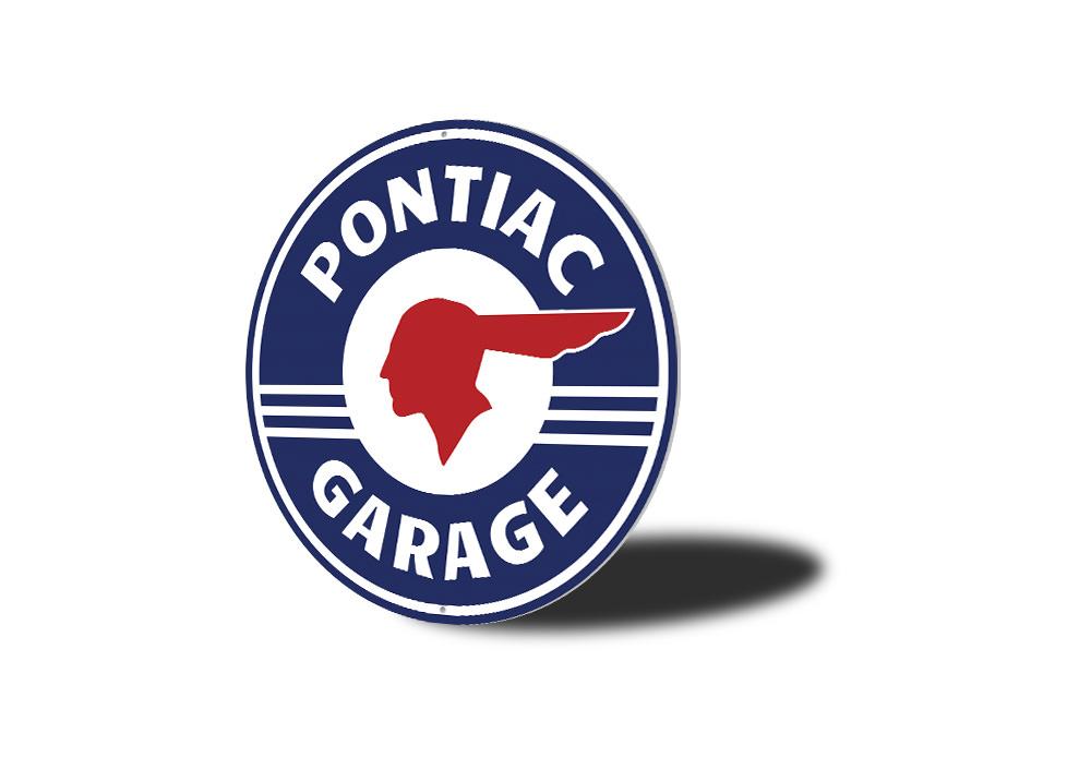 A vibrant Pontiac Garage Car Sign made of aluminum, featuring the Pontiac logo and customizable text, perfect for garages and man caves.