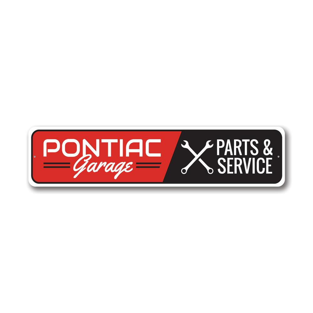 Pontiac Garage Sign made of high-quality aluminum, featuring vibrant colors and customizable text options, perfect for car enthusiasts.