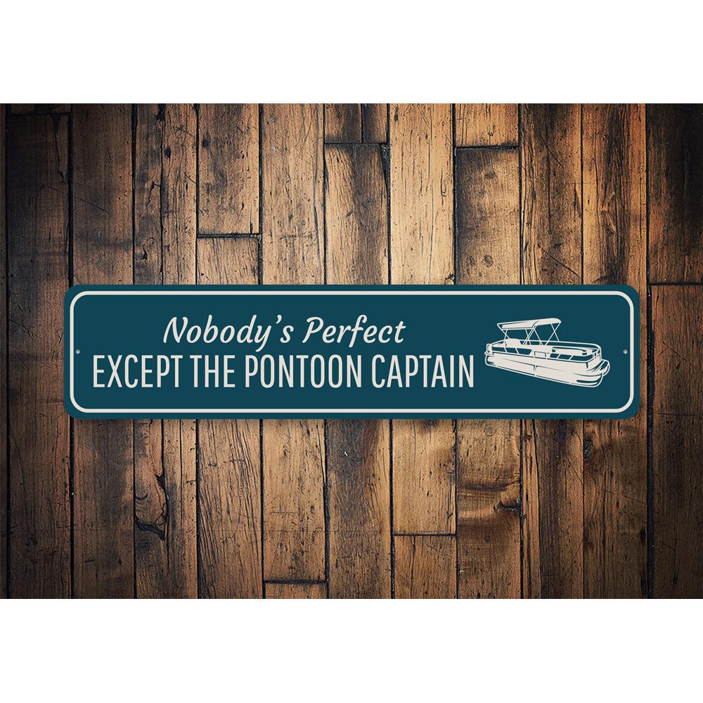 A personalized Pontoon Captain Sign made of high-quality aluminum, featuring customizable text and a nautical design, perfect for home decor.