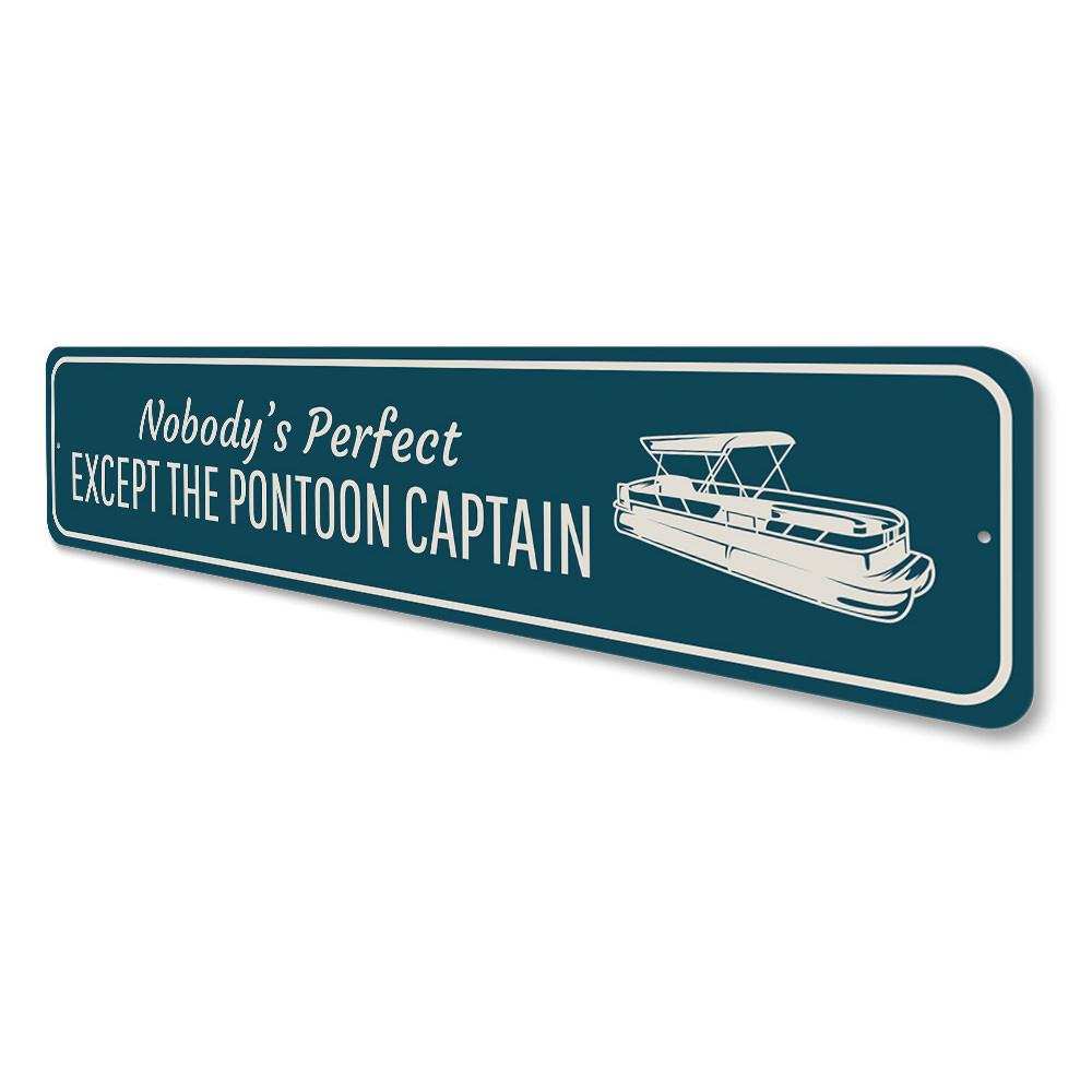 A personalized Pontoon Captain Sign made of high-quality aluminum, featuring customizable text and a nautical design, perfect for home decor.