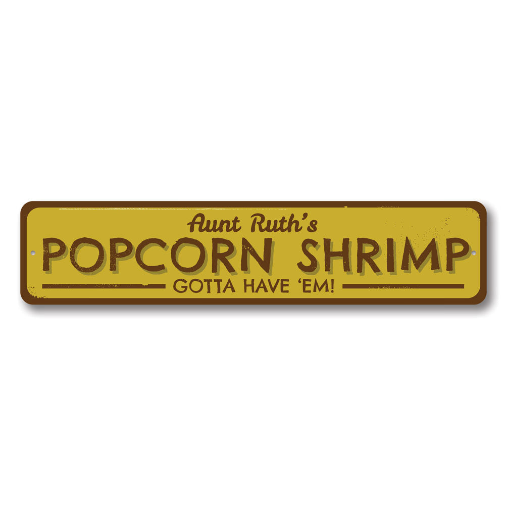 A vibrant Popcorn Shrimp Sign made of aluminum, featuring a beach-themed design, perfect for coastal decor.