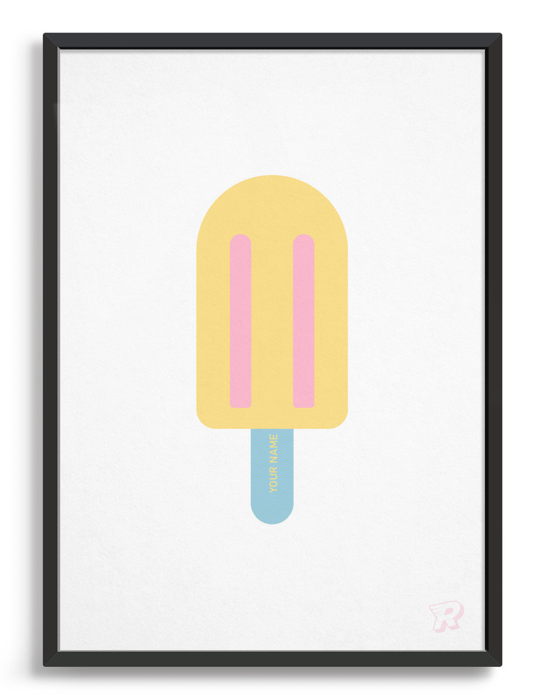 A vibrant personalised popsicle ice lolly print featuring a colorful popsicle with a custom name on the stick, perfect for kids' room decor.