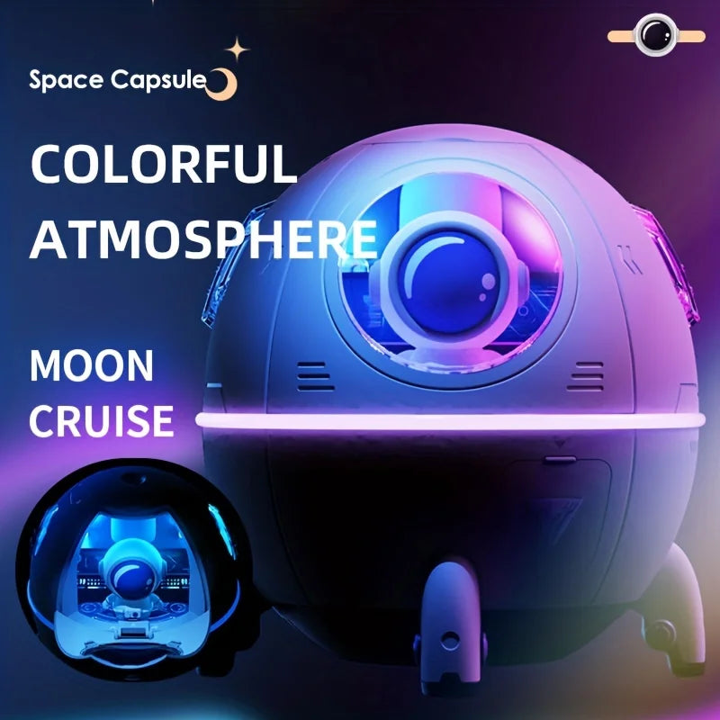 Portable 220ml USB Cool Mist Space Capsule Aroma Essential Oil Diffuser with nightlight feature, designed for small spaces.