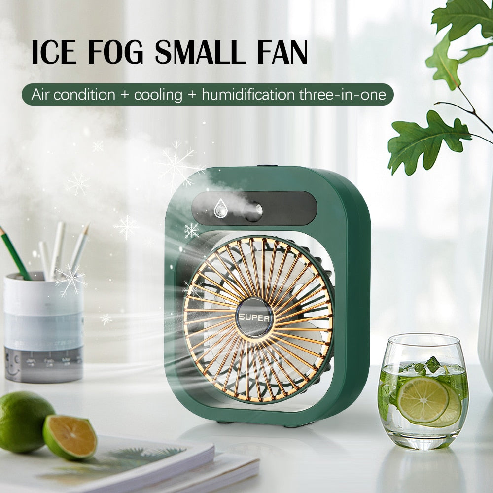 Portable Mist Fan in white color with water bottle and USB charging cable, designed for cooling and humidifying air.