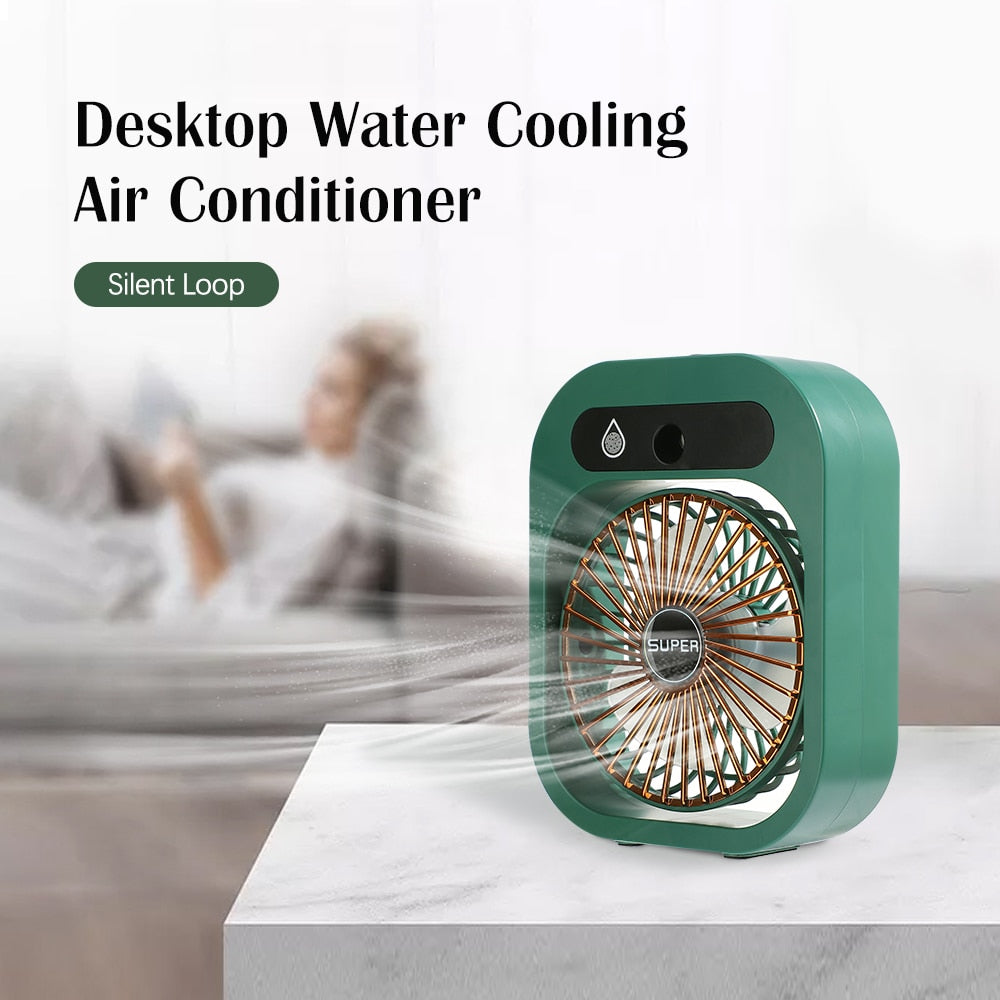 Portable Mist Fan in white color with water bottle and USB charging cable, designed for cooling and humidifying air.