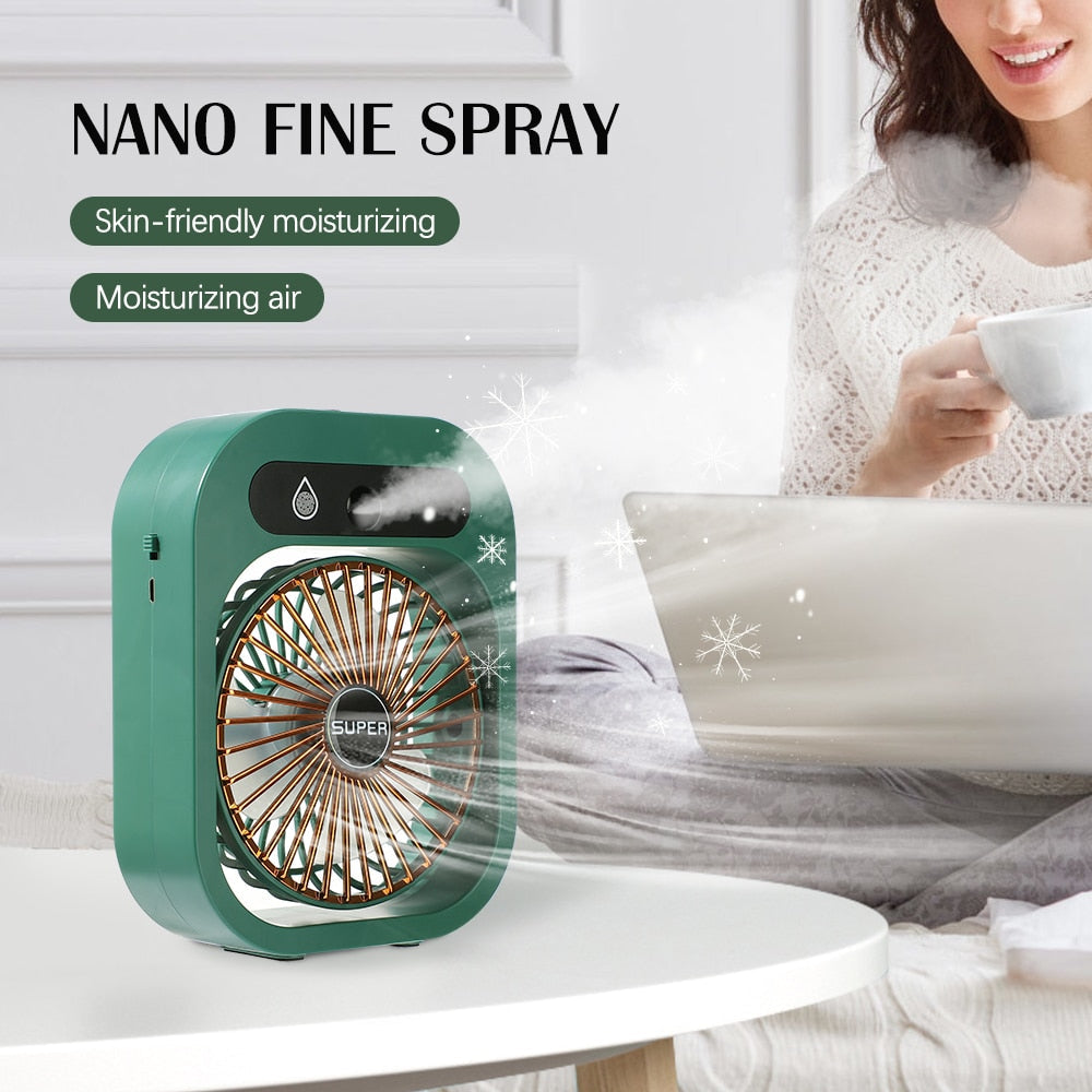 Portable Mist Fan in white color with water bottle and USB charging cable, designed for cooling and humidifying air.