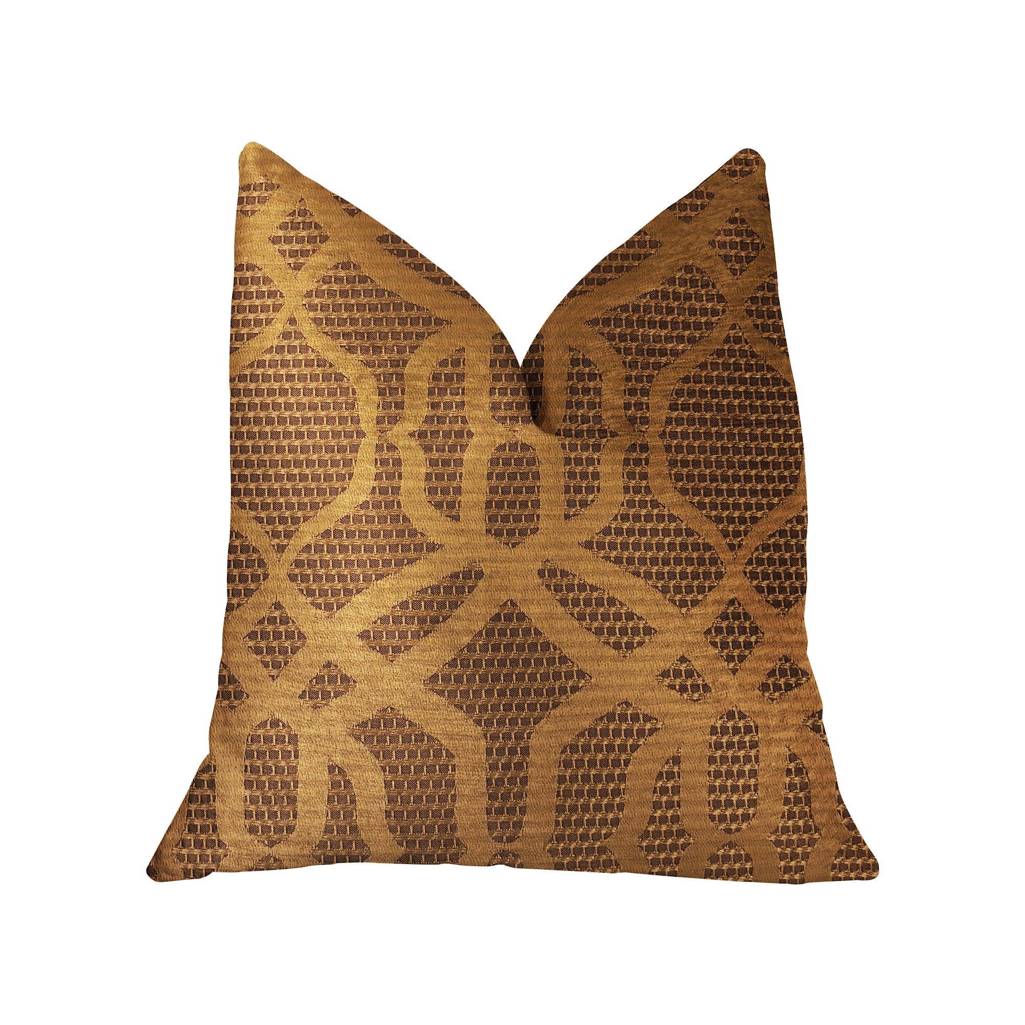 Portia Gold and Brown Luxury Throw Pillow featuring a geometric pattern, handmade in the USA with an invisible zipper and hypoallergenic fill.