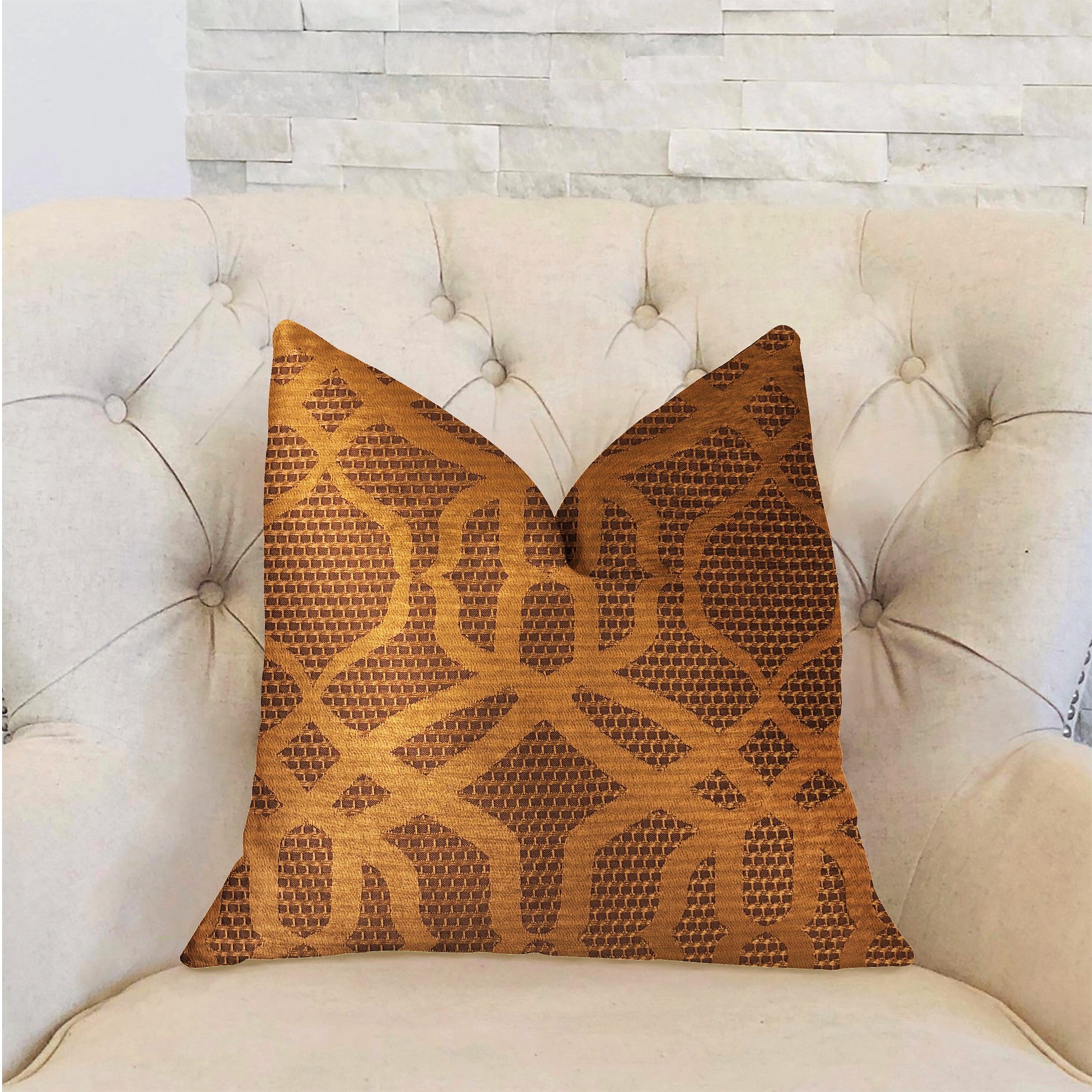 Portia Gold and Brown Luxury Throw Pillow featuring a geometric pattern, handmade in the USA with an invisible zipper and hypoallergenic fill.