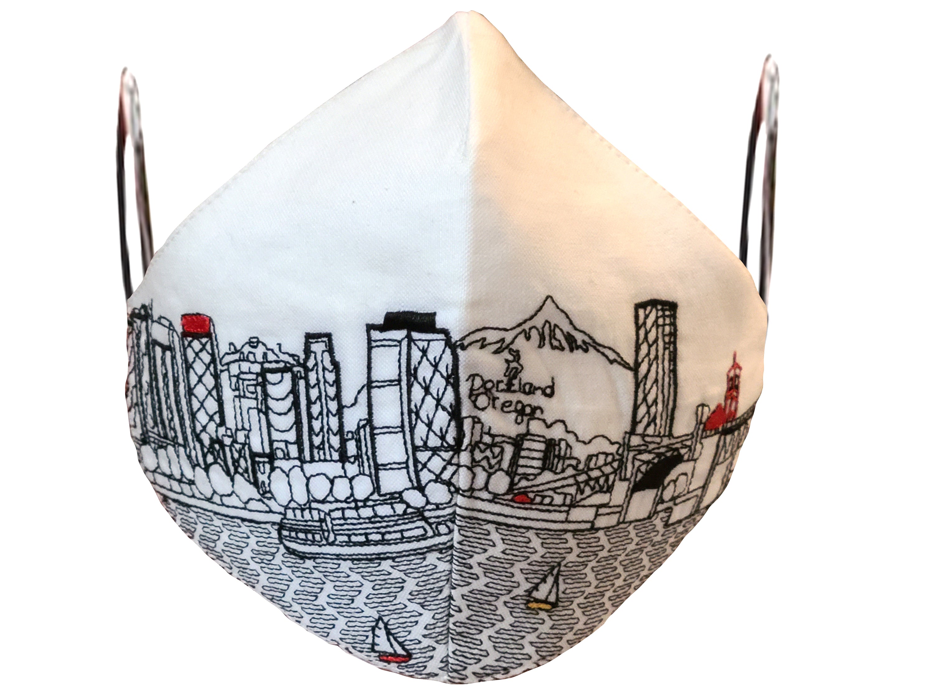 Portland Embroidered Skyline Face Mask featuring a detailed skyline design on linen/cotton fabric with soft cotton lining.