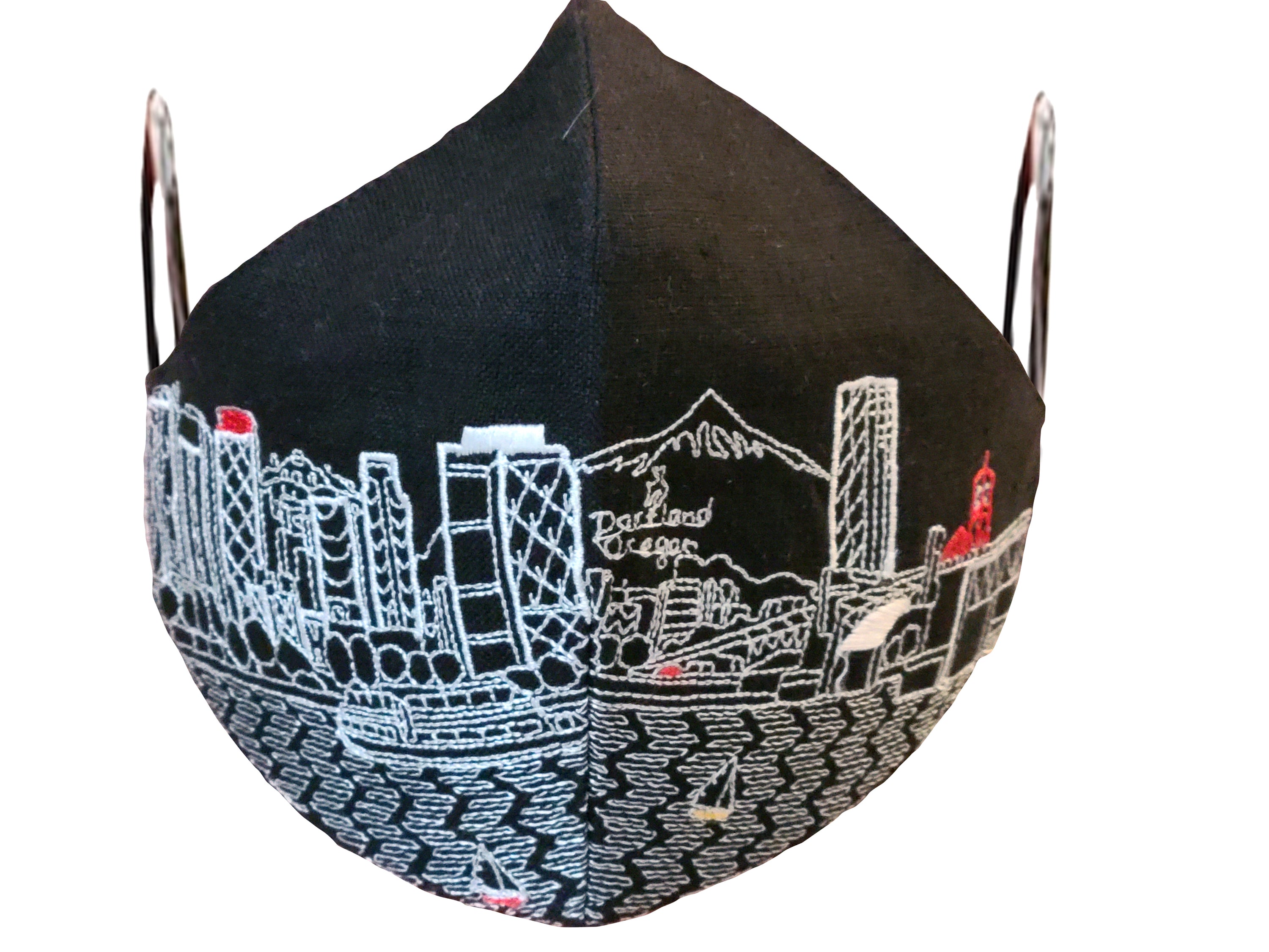 Portland Embroidered Skyline Face Mask featuring a detailed skyline design on linen/cotton fabric with soft cotton lining.