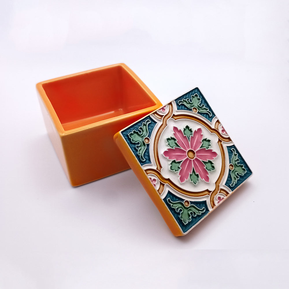 A beautifully handcrafted Porto Santo Island Ceramic Box featuring intricate designs and vibrant colors, perfect for home decor.