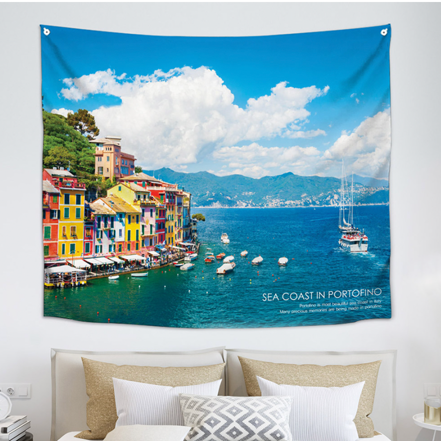 Portofino fabric poster measuring 150cm x 130cm, featuring a modern design with vibrant colors, perfect for home or office decoration.