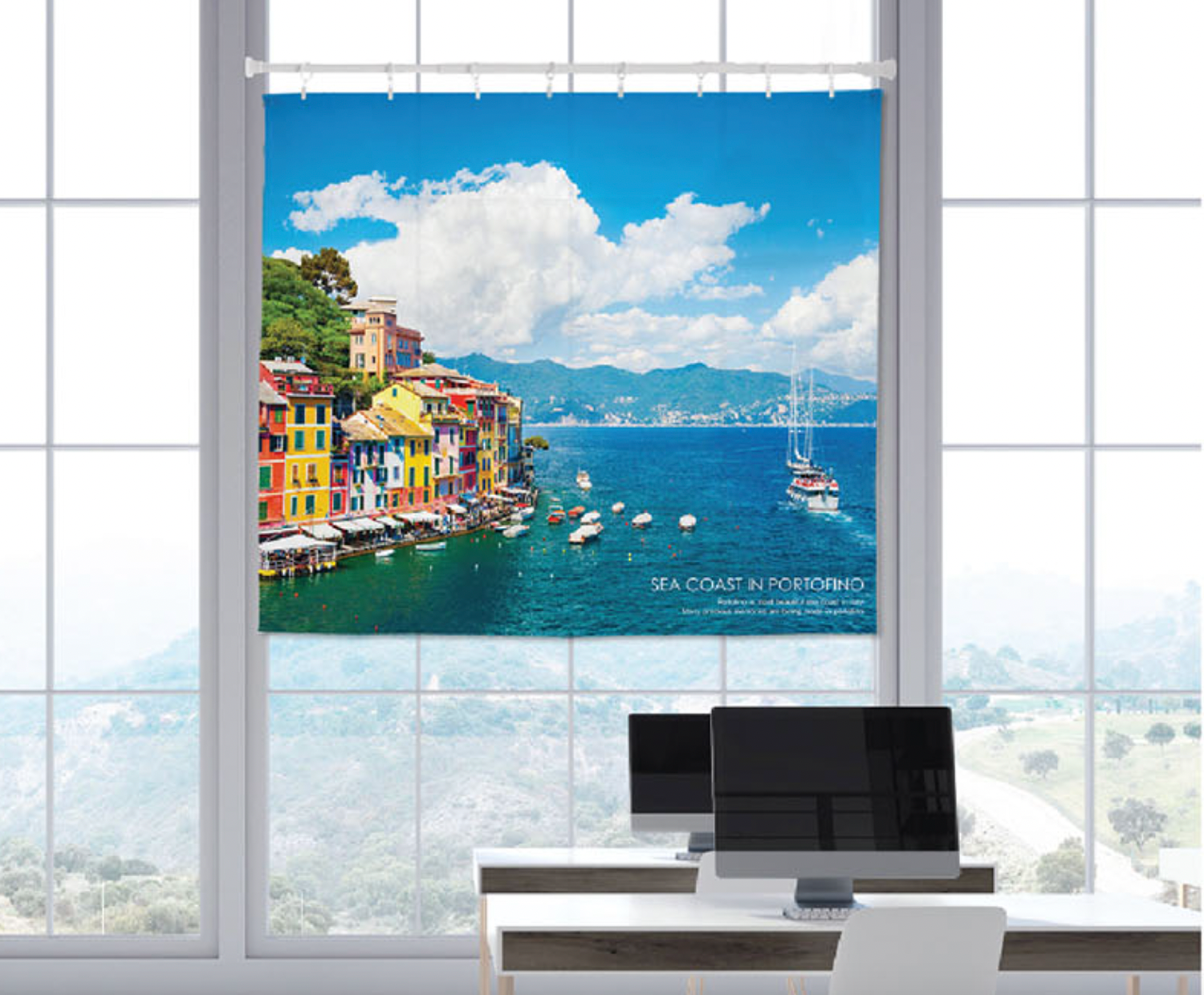 Portofino fabric poster measuring 150cm x 130cm, featuring a modern design with vibrant colors, perfect for home or office decoration.