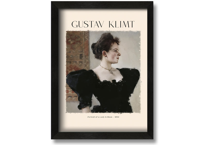 A detailed reproduction of Gustav Klimt's 'Portrait Of A Lady In Black', showcasing elegant colors and textures on a coated polyester canvas.