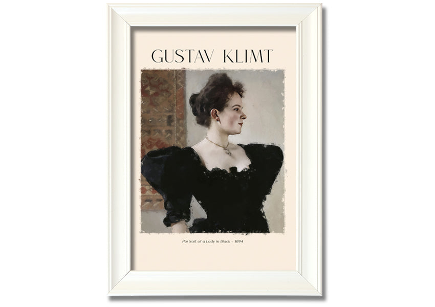 A detailed reproduction of Gustav Klimt's 'Portrait Of A Lady In Black', showcasing elegant colors and textures on a coated polyester canvas.