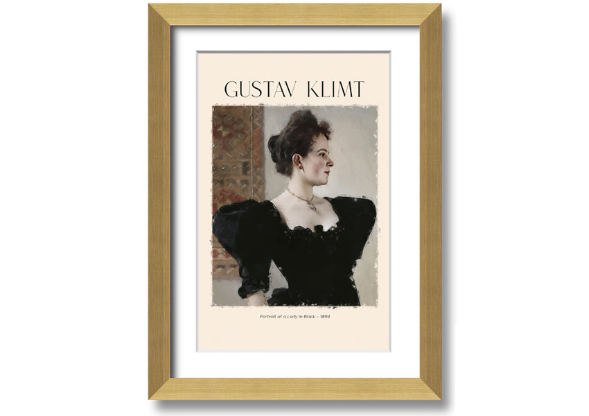 A detailed reproduction of Gustav Klimt's 'Portrait Of A Lady In Black', showcasing elegant colors and textures on a coated polyester canvas.