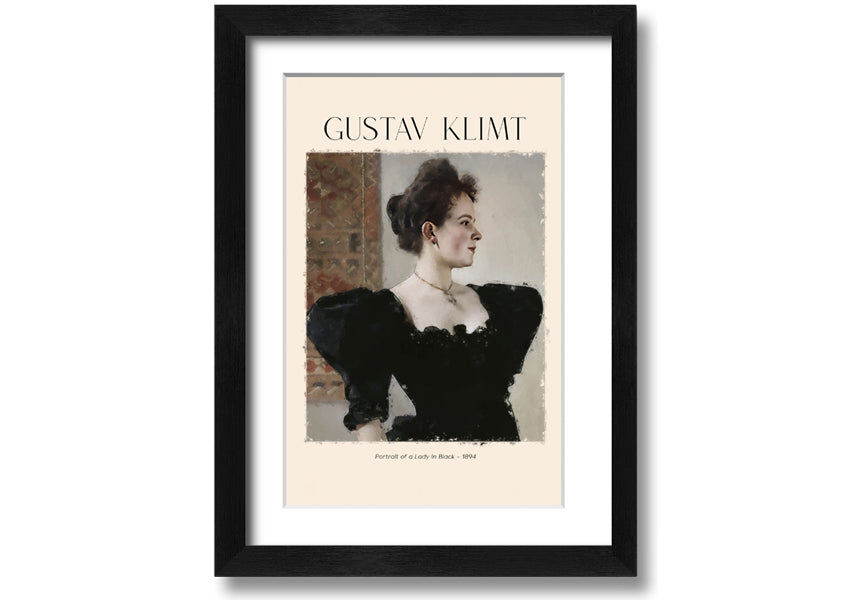 A detailed reproduction of Gustav Klimt's 'Portrait Of A Lady In Black', showcasing elegant colors and textures on a coated polyester canvas.