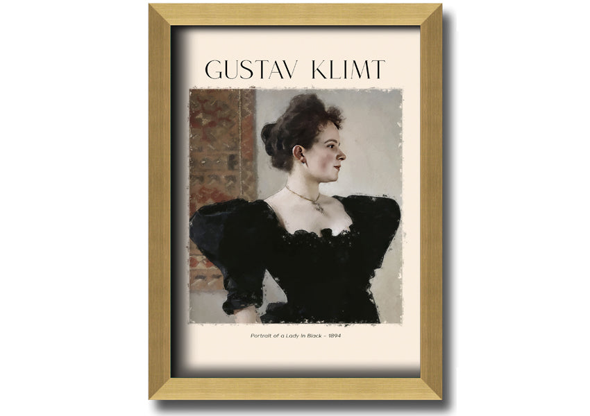 A detailed reproduction of Gustav Klimt's 'Portrait Of A Lady In Black', showcasing elegant colors and textures on a coated polyester canvas.