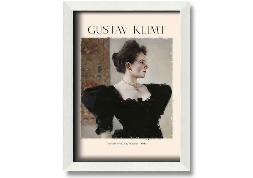 A detailed reproduction of Gustav Klimt's 'Portrait Of A Lady In Black', showcasing elegant colors and textures on a coated polyester canvas.