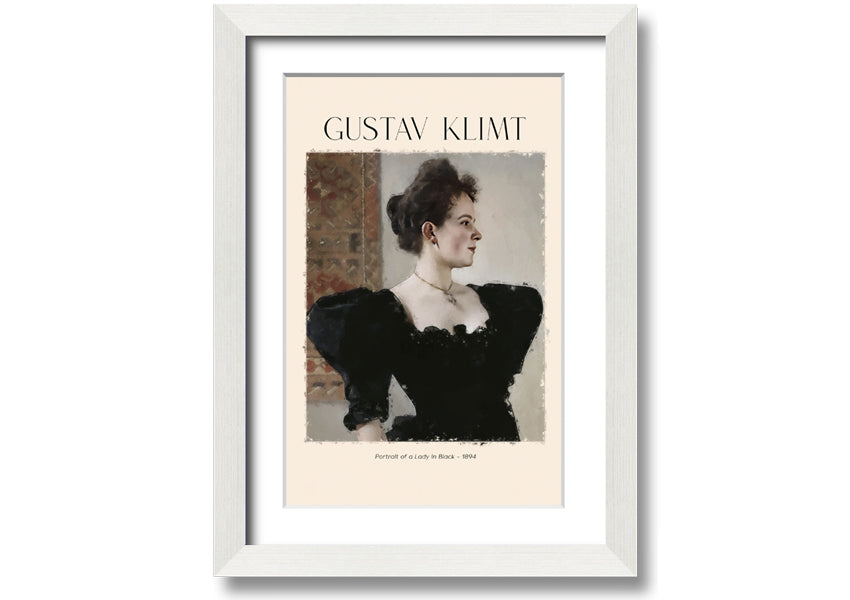 A detailed reproduction of Gustav Klimt's 'Portrait Of A Lady In Black', showcasing elegant colors and textures on a coated polyester canvas.