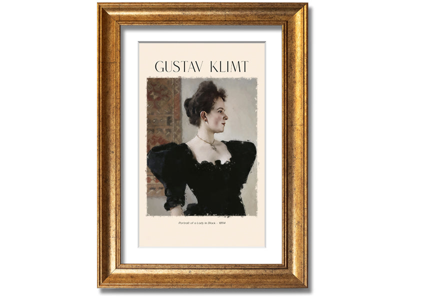 A detailed reproduction of Gustav Klimt's 'Portrait Of A Lady In Black', showcasing elegant colors and textures on a coated polyester canvas.