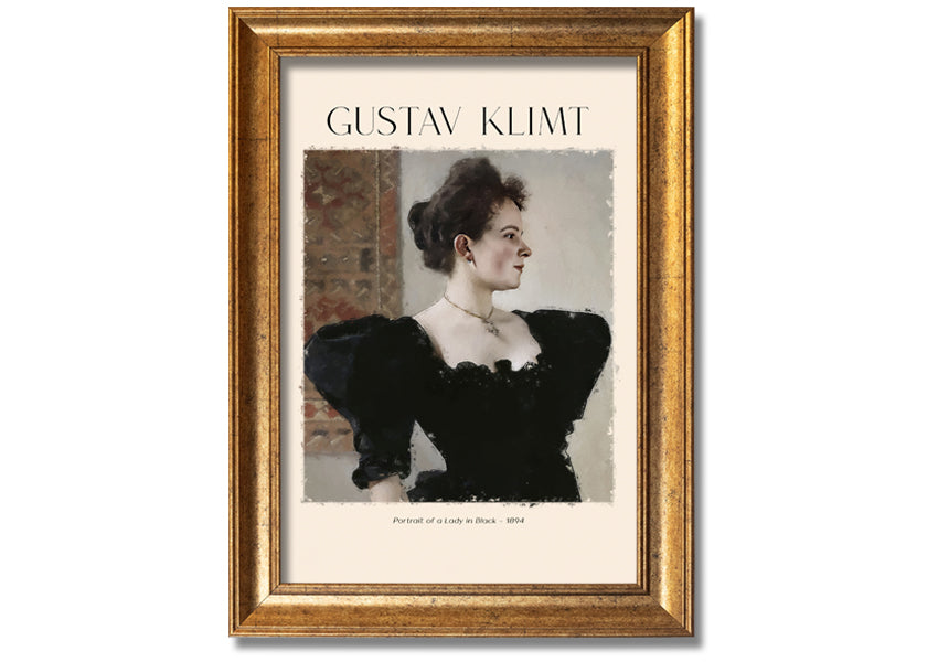 A detailed reproduction of Gustav Klimt's 'Portrait Of A Lady In Black', showcasing elegant colors and textures on a coated polyester canvas.