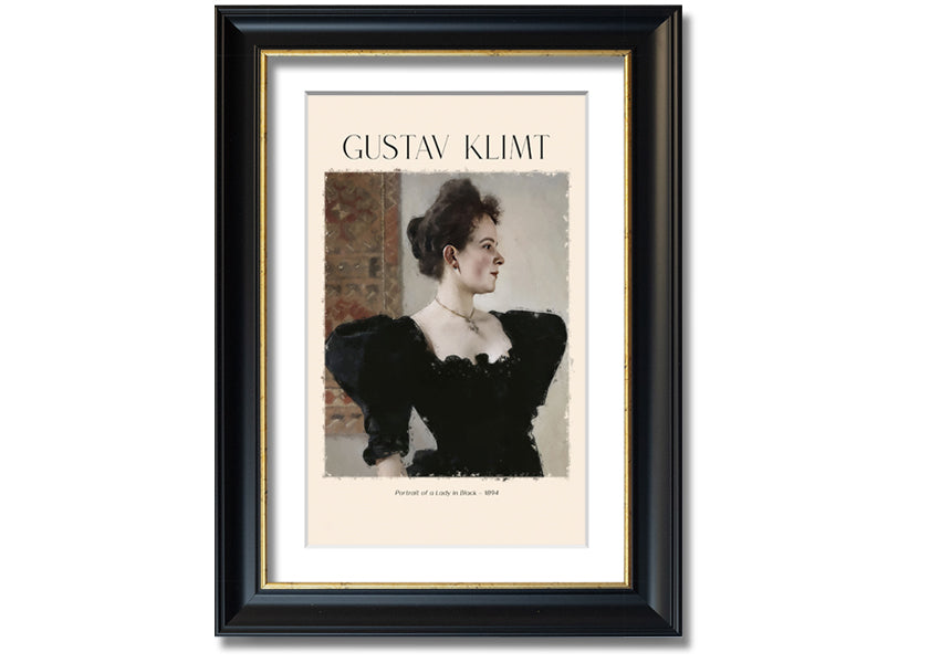 A detailed reproduction of Gustav Klimt's 'Portrait Of A Lady In Black', showcasing elegant colors and textures on a coated polyester canvas.