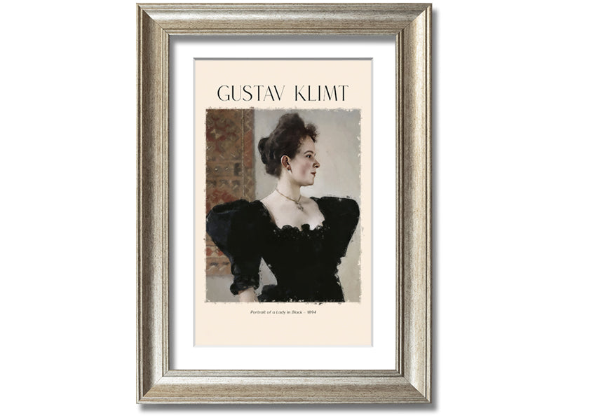 A detailed reproduction of Gustav Klimt's 'Portrait Of A Lady In Black', showcasing elegant colors and textures on a coated polyester canvas.