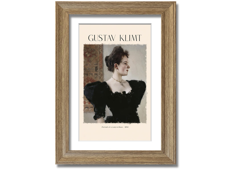 A detailed reproduction of Gustav Klimt's 'Portrait Of A Lady In Black', showcasing elegant colors and textures on a coated polyester canvas.