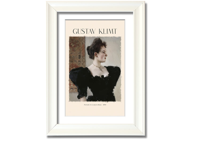 A detailed reproduction of Gustav Klimt's 'Portrait Of A Lady In Black', showcasing elegant colors and textures on a coated polyester canvas.