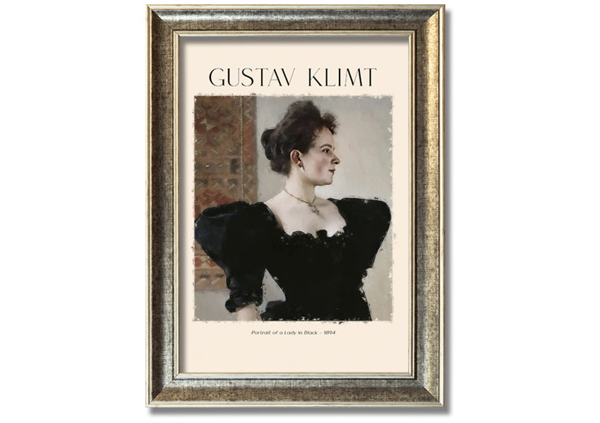 A detailed reproduction of Gustav Klimt's 'Portrait Of A Lady In Black', showcasing elegant colors and textures on a coated polyester canvas.