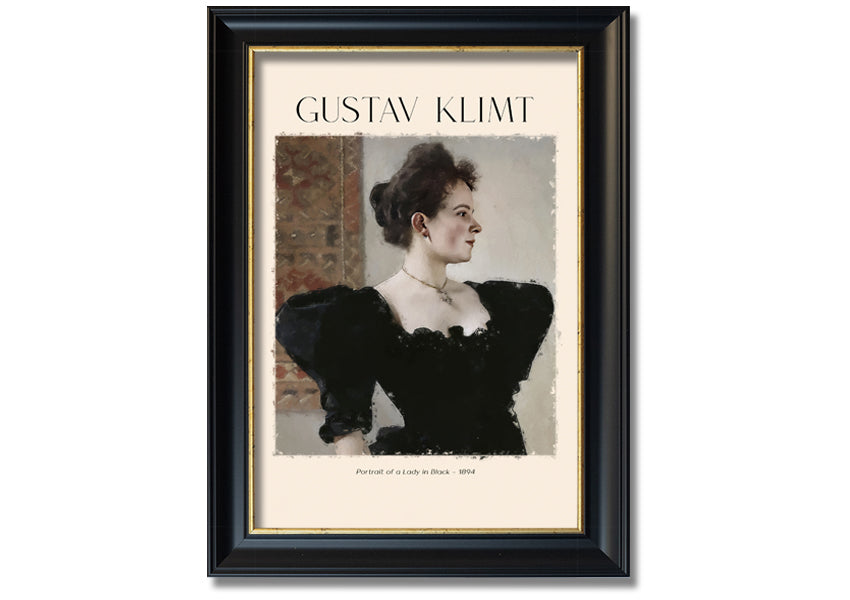 A detailed reproduction of Gustav Klimt's 'Portrait Of A Lady In Black', showcasing elegant colors and textures on a coated polyester canvas.