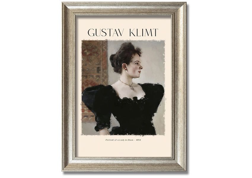 A detailed reproduction of Gustav Klimt's 'Portrait Of A Lady In Black', showcasing elegant colors and textures on a coated polyester canvas.