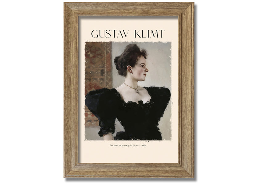 A detailed reproduction of Gustav Klimt's 'Portrait Of A Lady In Black', showcasing elegant colors and textures on a coated polyester canvas.