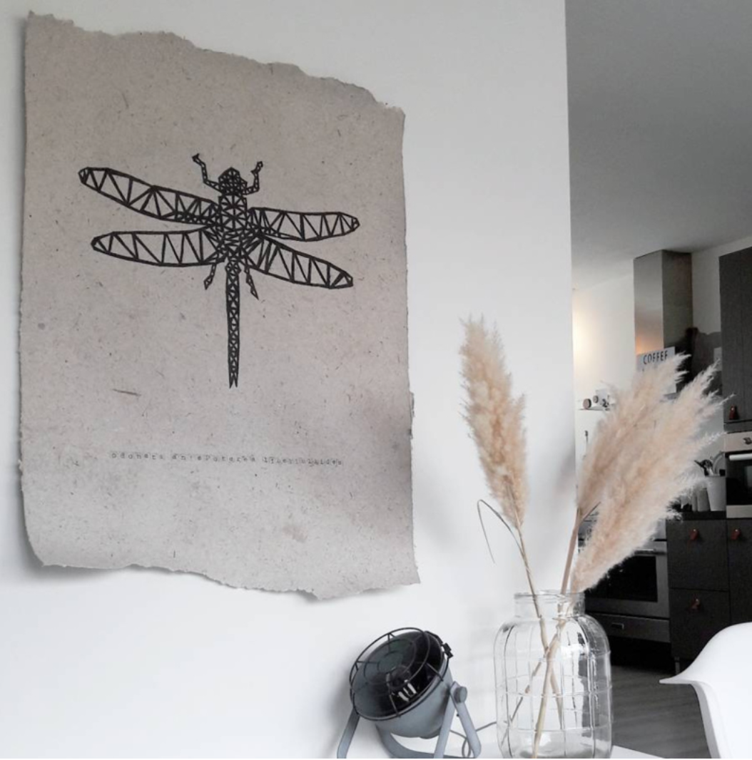 Hand-drawn dragonfly poster on organic paper, showcasing intricate details and unique texture.