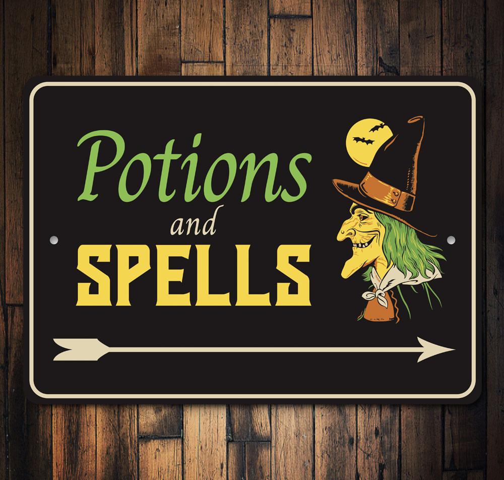 Potions and Spells Sign featuring spooky Halloween design, made from high-quality aluminum with pre-drilled holes for easy mounting.