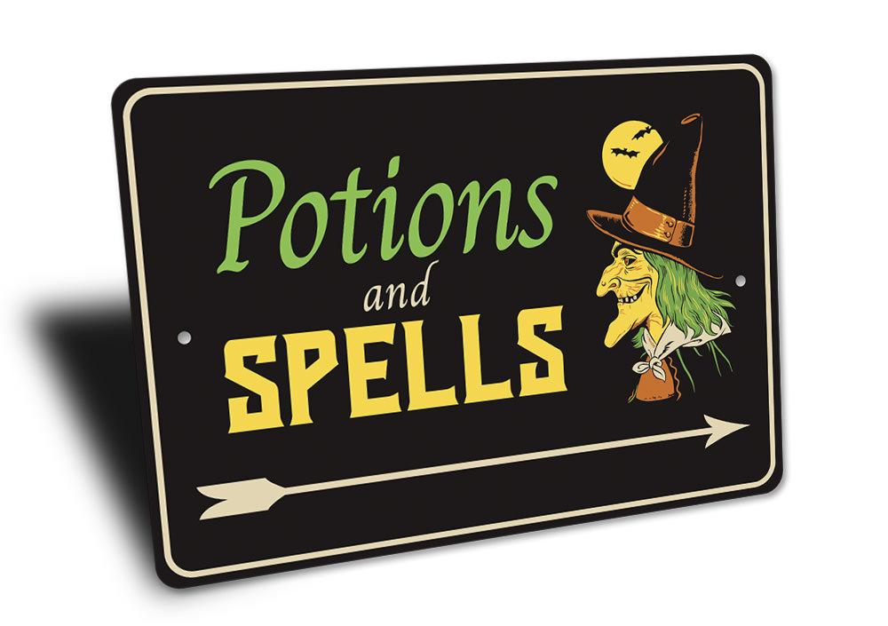 Potions and Spells Sign featuring spooky Halloween design, made from high-quality aluminum with pre-drilled holes for easy mounting.