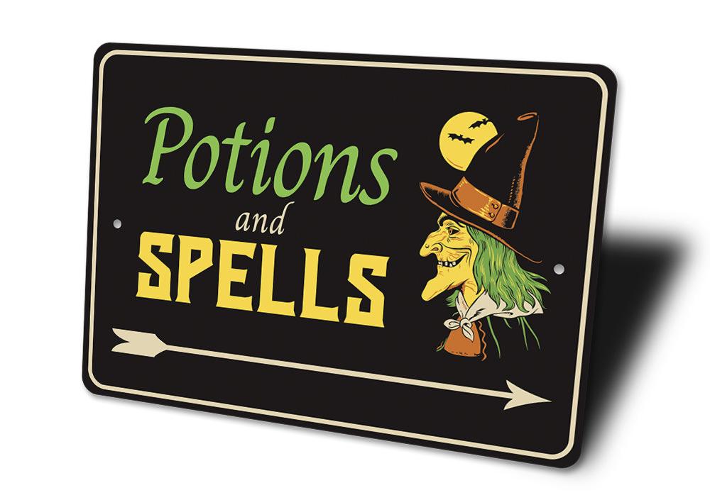 Potions and Spells Sign featuring spooky Halloween design, made from high-quality aluminum with pre-drilled holes for easy mounting.